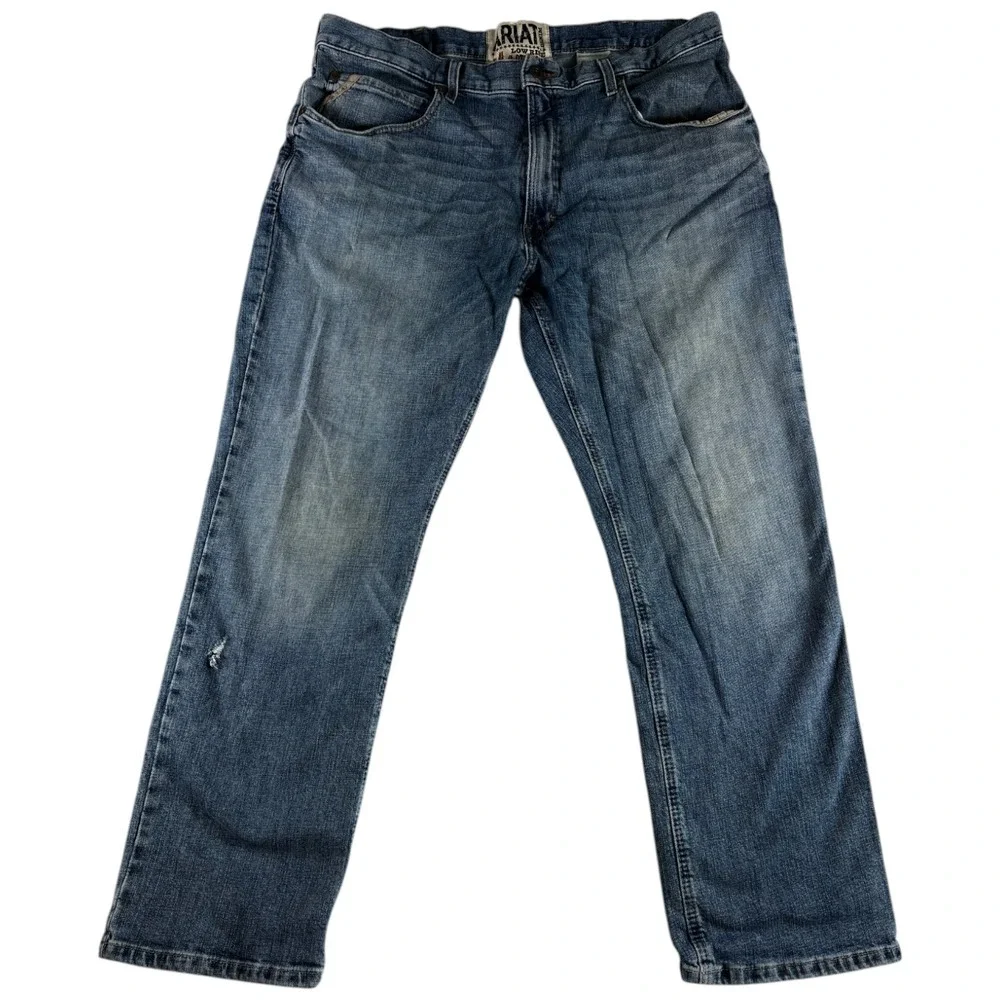Ariat M4 Straight Jeans Mens 40x30 Blue Whiskering Denim Cotton Stretch Low Rise